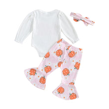 Load image into Gallery viewer, Baby Girls 3Pcs Mama&#39;s Pumpkin Halloween Outfit Letter Print Long Sleeve Romper and Pumpkin Print Flared Pants Headband Set
