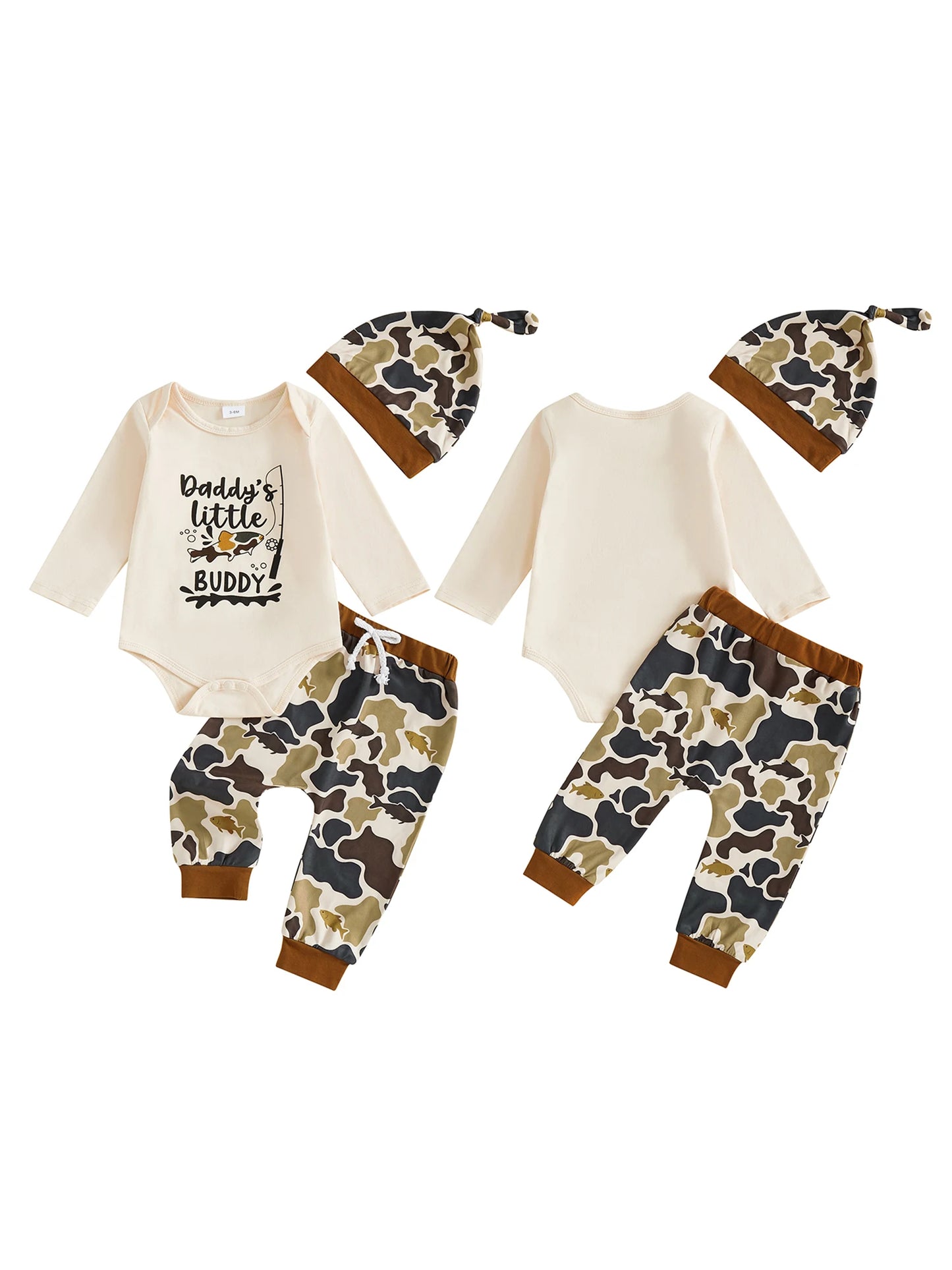Baby Boy 3Pcs Fall Clothes Letter Fish Daddy's Little Buddy Print Long Sleeve Romper Camouflage Pants and Hat 3Pcs Outfit