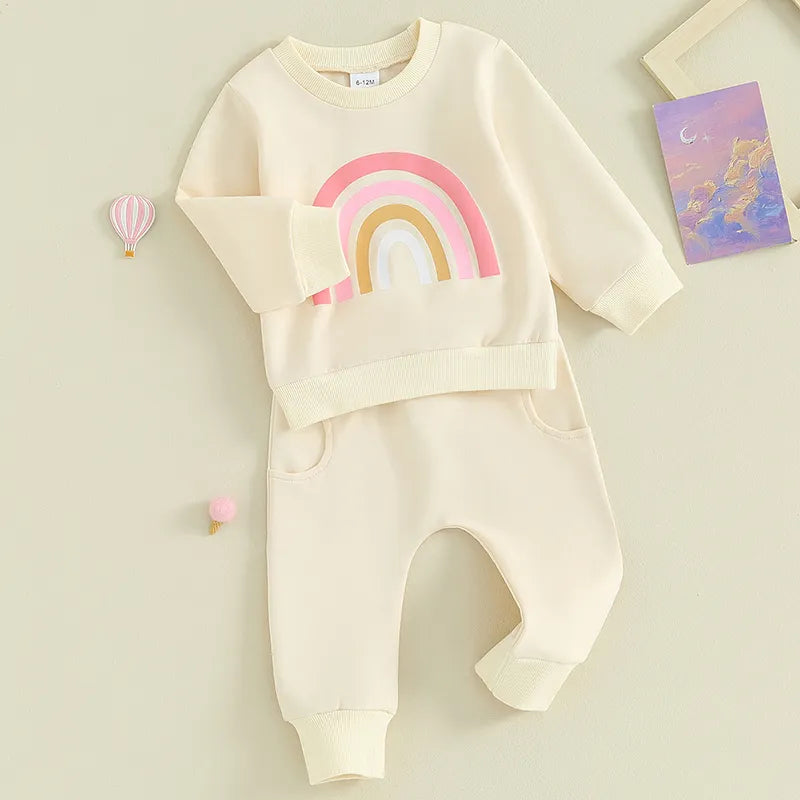 Baby Toddler Girls Boys 2Pcs Long Sleeve Rainbow Print Top & Long Pants Set Outfits