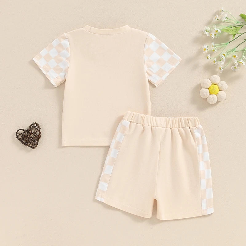 Baby Toddler Girl 2Pcs Daddy's Mini Summer Outfit Letter Print Checkerboard Short Sleeve Top with Elastic Waist Shorts Clothes Set