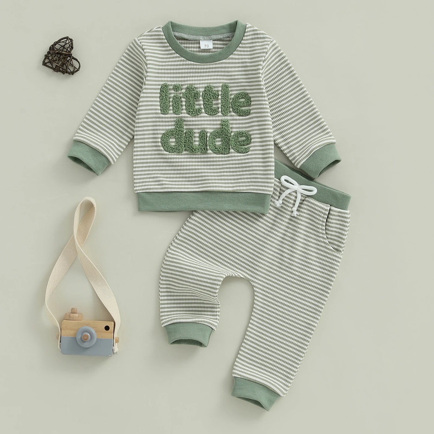 Baby Toddler Boys 2Pcs Little Dude Striped Jogger Set Long Sleeve Letters Embroidery Pullover Top with Pants Fall Outfits