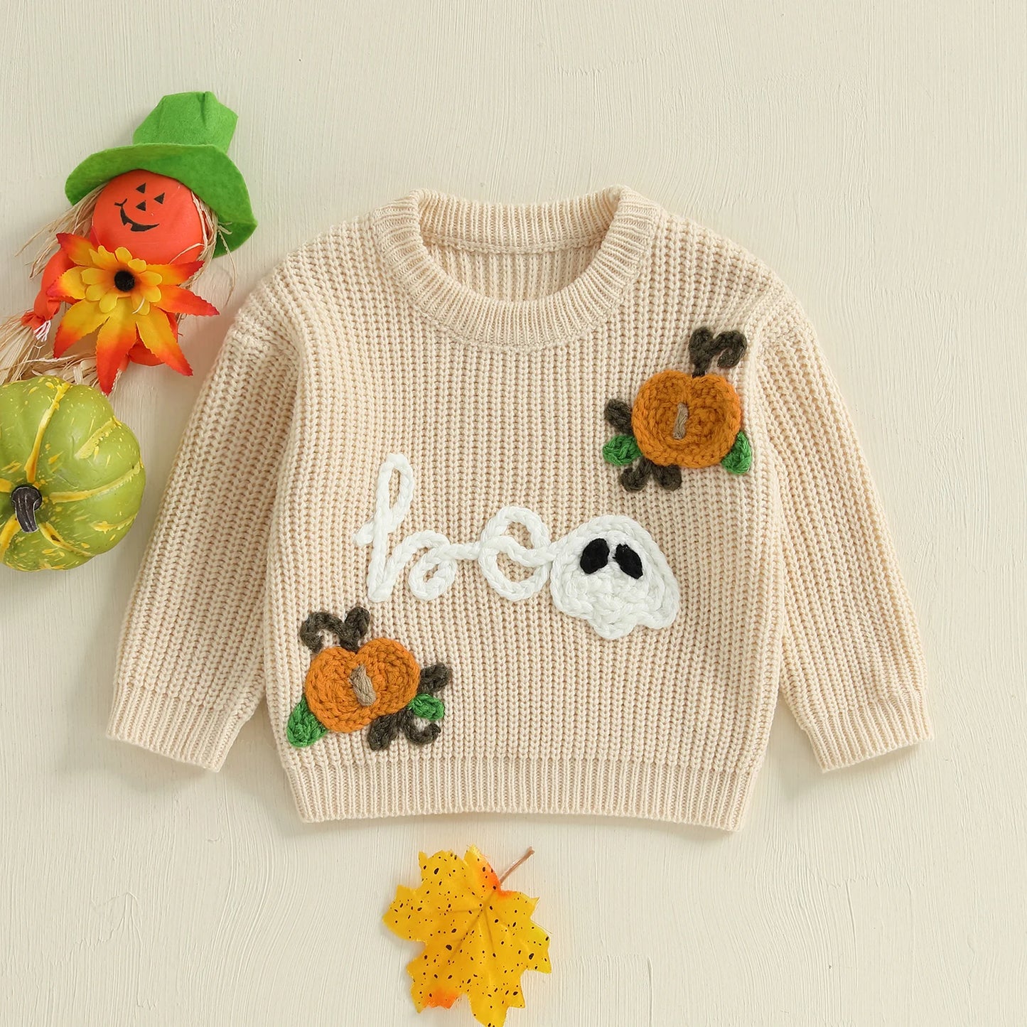 Baby Toddler Boys Girls Halloween Sweater Boo Letter Ghost Embroidery Long Sleeve Crew Neck Knitwear Pullover Top
