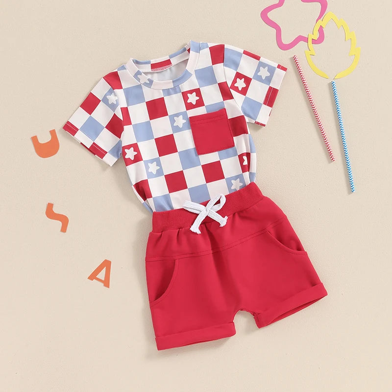 Baby Toddler Boys 2Pcs 4th of July USA Outfit Short Sleeve Letter Flag/Star Checkerboard Print Top Drawstring Shorts Set