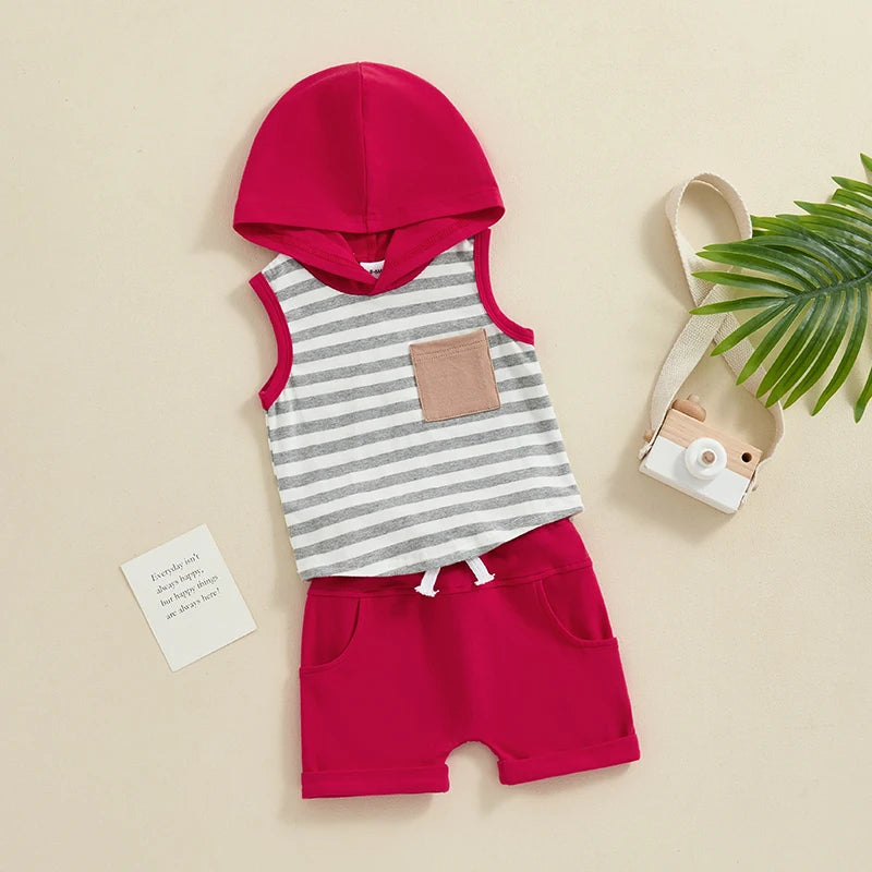 Toddler Baby Boy 2PCS Summer Set Striped Sleeveless Hooded Tank Top Elastic Waist Shorts Outfit