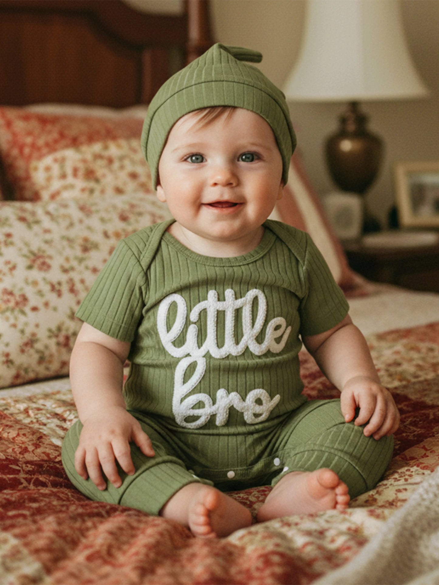 Baby Boy 2Pcs Little Bro Short Sleeve Romper Ribbed Letter Embroidery Round Neck Infant Jumpsuit with Hat Set