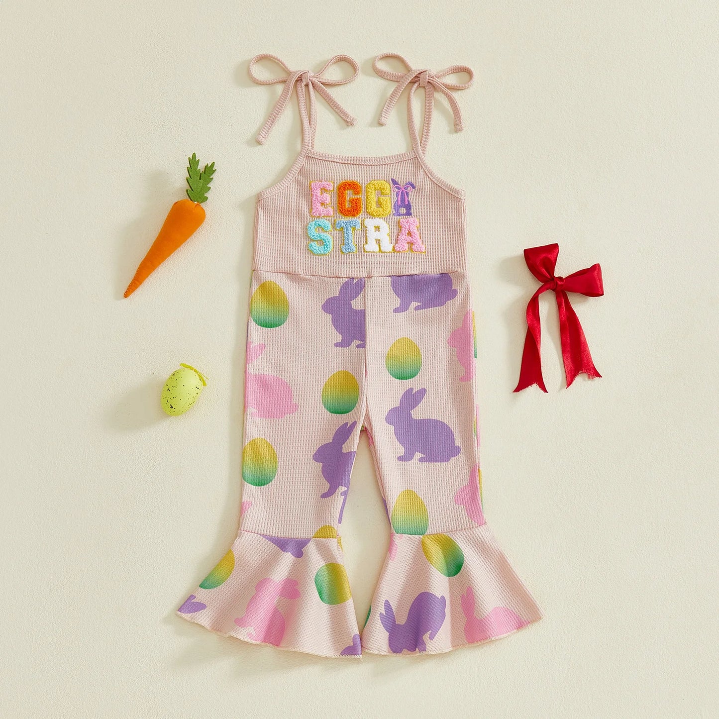 Baby Toddler Girls Easter Jumpsuit Eggstra Bell Bottoms Letter Easter Egg Bunny Bow Pattern Sleeveless Overalls Romper
