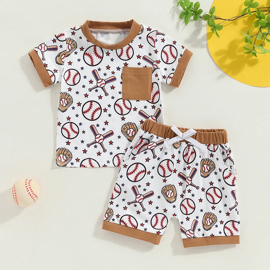 Baby Toddler Boys 2Pcs Baseball Outfit Short Sleeve Round Neck Pocket Top with Elastic Waist Shorts Set