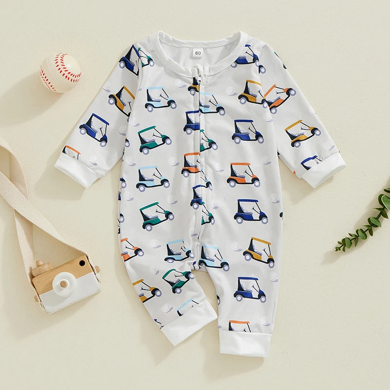 Baby Boys Girls Jumpsuit Long Sleeve Golf Cart Print Zipper Romper