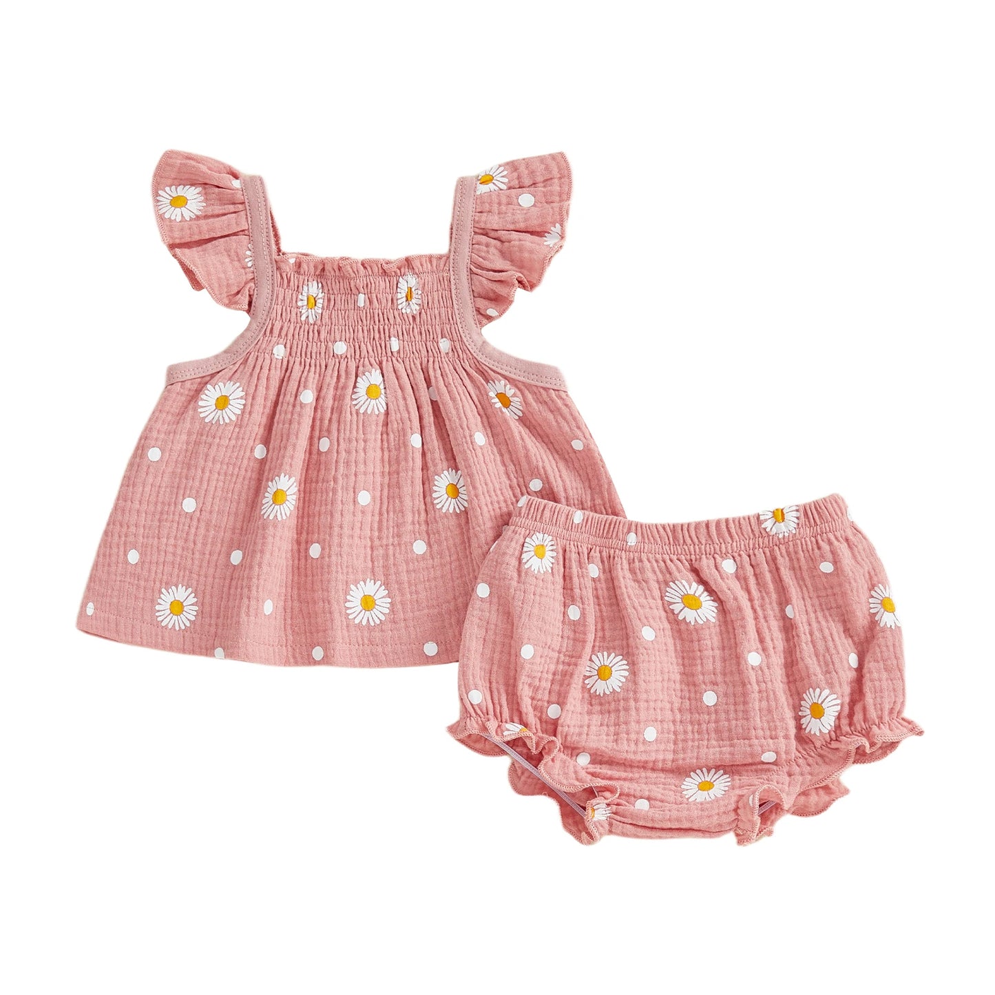 Baby Toddler Girls 2Pcs Summer Outfit Sleeveless Square Collar Daisy Print Ruffled Top and Bloomers Shorts 2 Piece Set