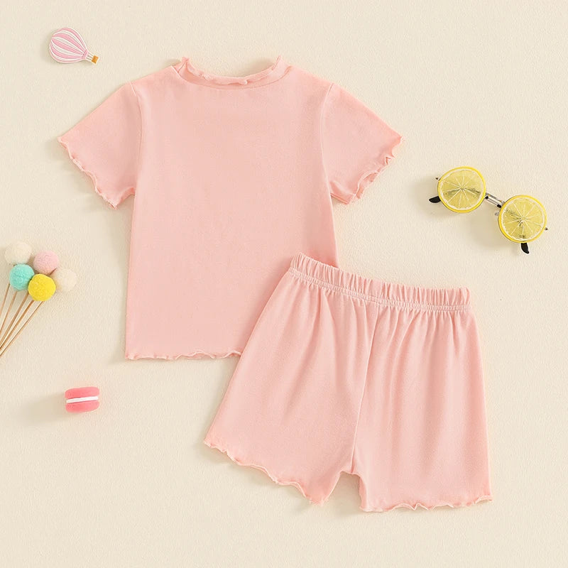 Baby Toddler Kids Girls 2Pcs Short Sleeve Crew Neck Ruffle Sleeve Top with Elastic Waist Shorts Outfit Set