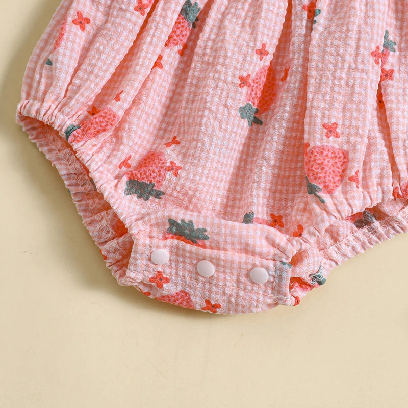 Baby Girl 2Pcs Summer Jumpsuit Strawberry Print Sleeveless Tank Top Romper and Headband Set Outfit