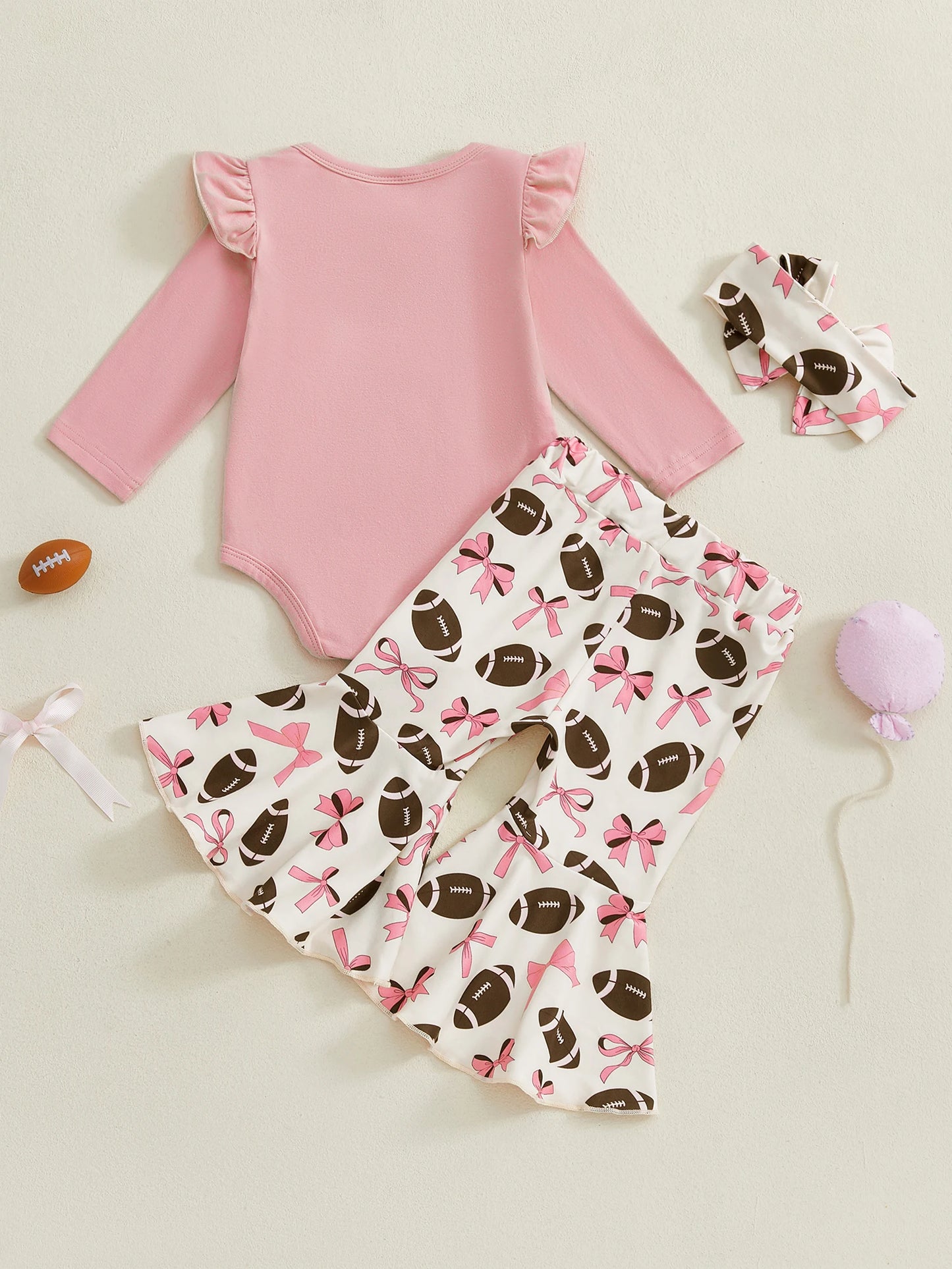 Baby Girls 3Pcs Game Day Fall Outfit Football Print Long Sleeves Romper and Elastic Flared Pants Headband Set Cute Clothes