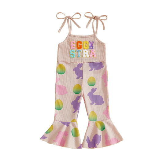 Baby Toddler Girls Easter Jumpsuit Eggstra Bell Bottoms Letter Easter Egg Bunny Bow Pattern Sleeveless Overalls Romper