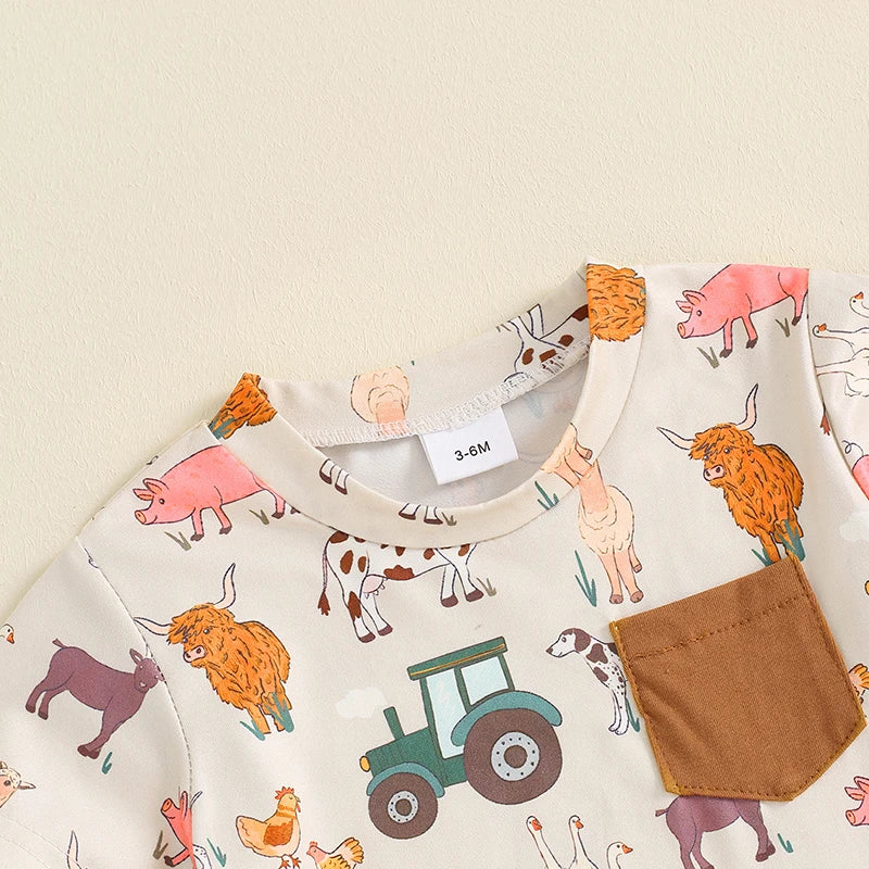 Baby Toddler Boys 2Pcs Farm Outfit Animal Tractor Print Pocket Short Sleeve Top with Elastic Waist Shorts Set