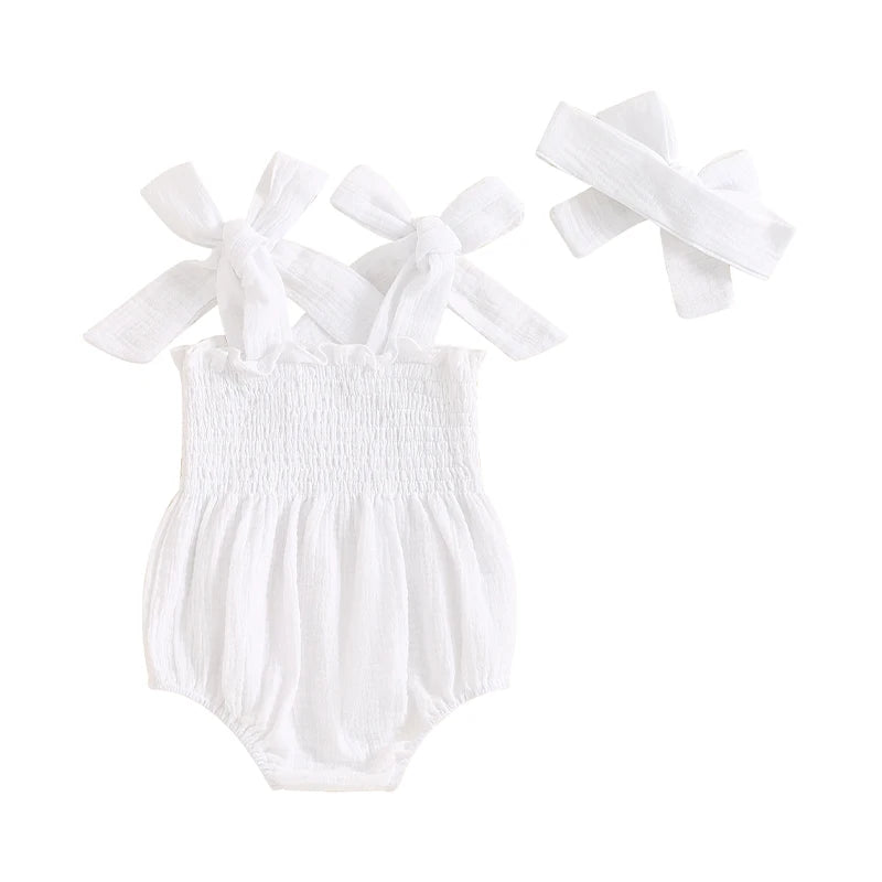 Baby Girl 2Pcs Summer Outfit Cute Sleeveless Tie Shoulder Strap Tank Romper with Headband Set