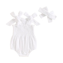 Load image into Gallery viewer, Baby Girl 2Pcs Summer Outfit Cute Sleeveless Tie Shoulder Strap Tank Romper with Headband Set
