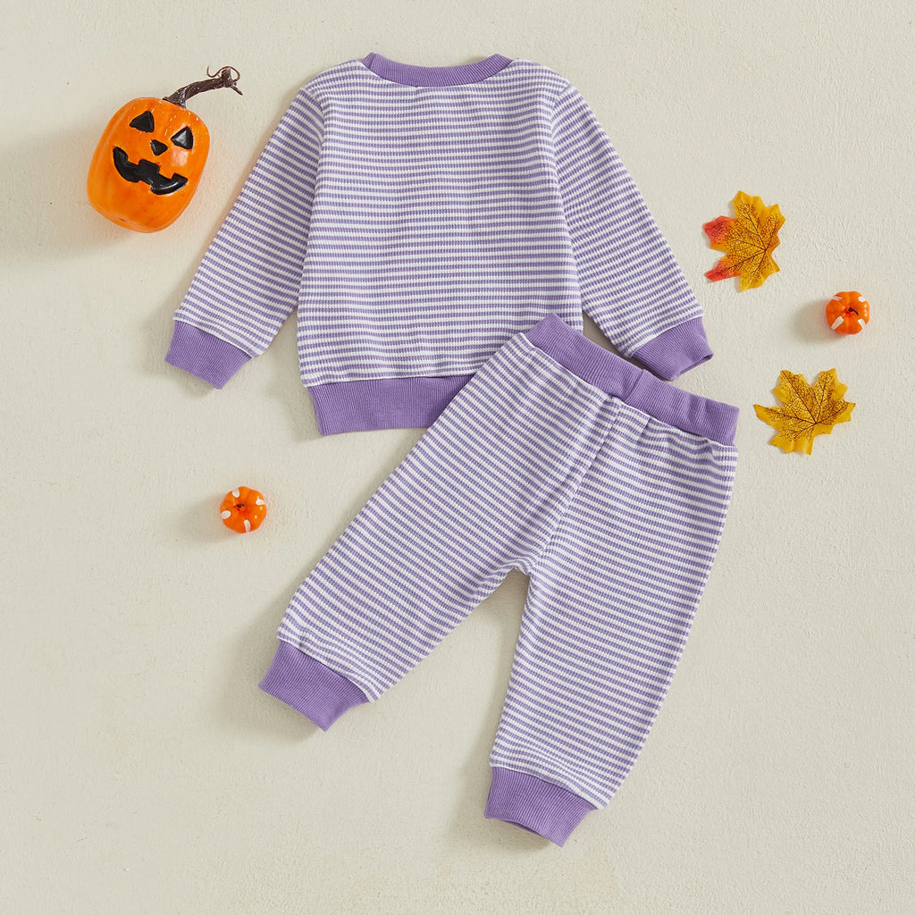 Baby Toddler Girls Boys 2Pcs Striped Set Halloween Ghost Embroidery Long Sleeve Pullover Top with Jogger Pants Fall Outfit