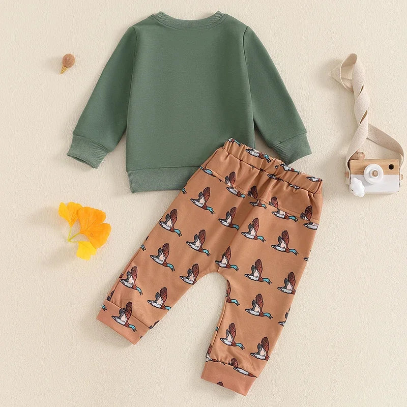 Baby Toddler Boys 2Pcs Outfit Round Neck Long Sleeve Top with Pocket and Wild Duck Bird Print Long Pants Jogger Set