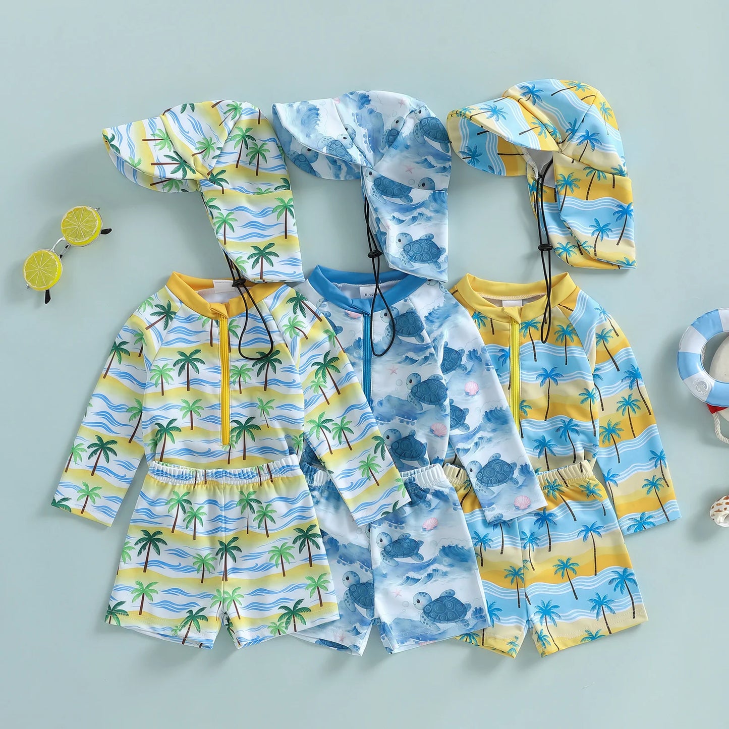 Baby Toddler Boys 3Pcs Rash Guard Swimsuit Set Palm Tree Print Long Sleeve Round Neck Top and Shorts Hat Set