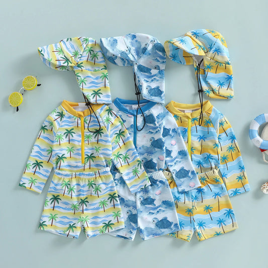 Baby Toddler Boys 3Pcs Rash Guard Swimsuit Set Palm Tree Print Long Sleeve Round Neck Top and Shorts Hat Set