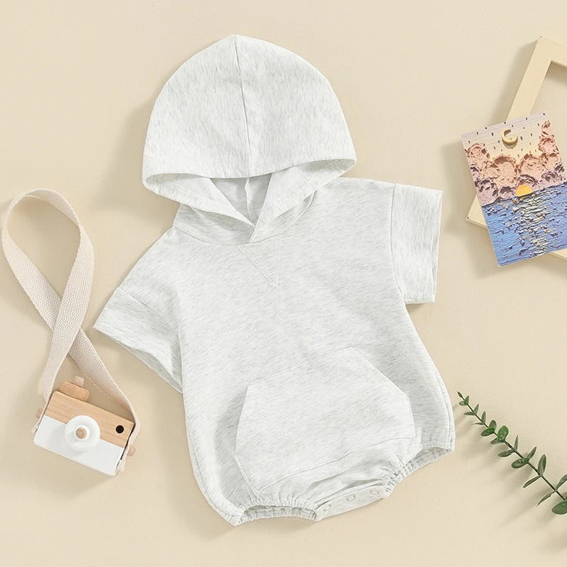 Baby Boy Girl Solid Color Hooded Bodysuit Oversized Short Sleeve Bubble Jumpsuit Pocket Spring Summer Clothes