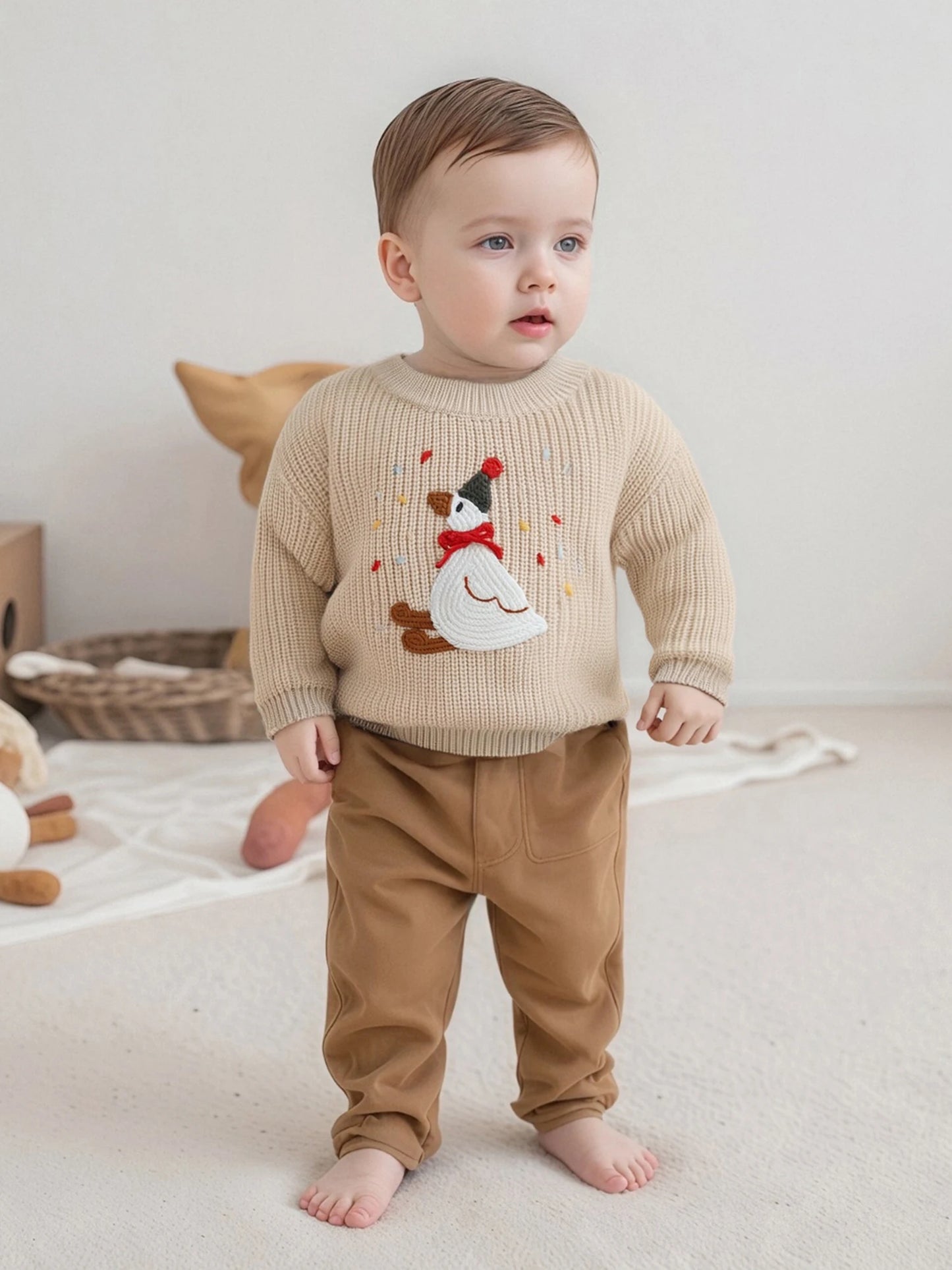 Baby Toddler Girls Boys Birthday Sweaters Long Sleeve Round Neck Silly Goose Party Hat Embroidery Pullover Fall Top