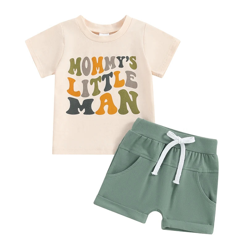 Toddler Baby Boy 2Pcs Mommy's Little Man Letter Print Short Sleeve Top Elastic Shorts Spring Summer Outfit Set