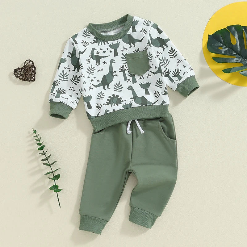 Baby Toddler Boys 2Pcs Outfit Long Sleeve Dinosaur Print Top with Elastic Waist Pants Fall Outfit Set