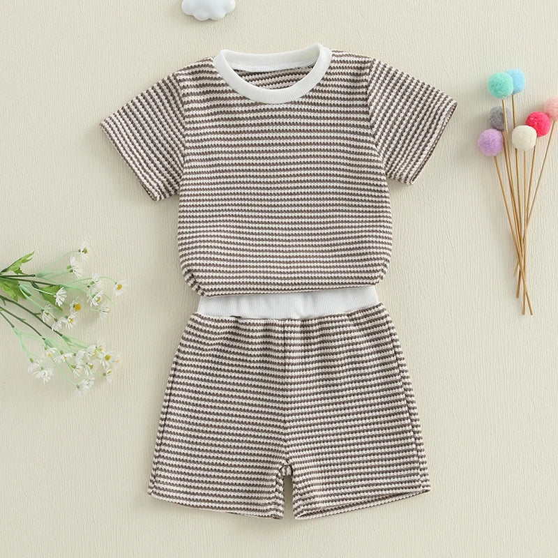 Baby Toddler Girl Boys 2Pcs Summer Outfit Waffle Striped Short Sleeve T-shirt Top Elastic Waist Shorts Set