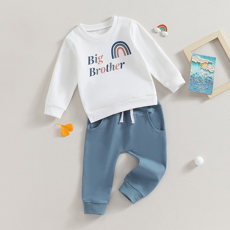 Baby Toddler Boys 2Pcs Long Sleeve Letter Print Lil Big Brother Rainbow Crew Neck Pullover Top +Jogger Pants Clothes Sibling Matching Set