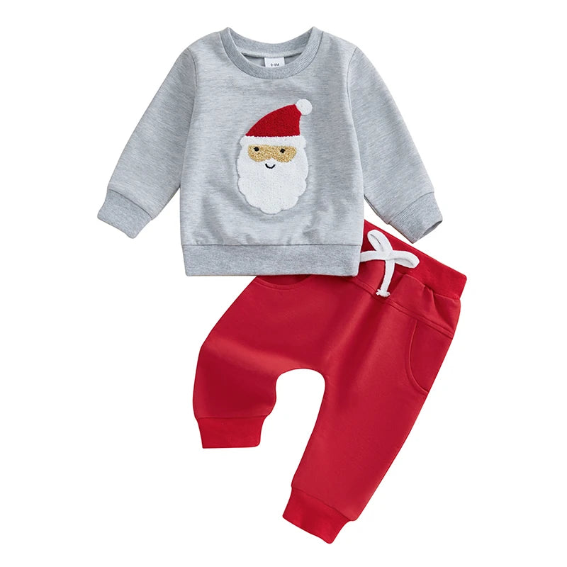 Baby Toddler Boys Girls 2Pcs Christmas Sets Cartoon Embroidered Long Sleeve Top Red Pants Outfits Clothes Jogger Set