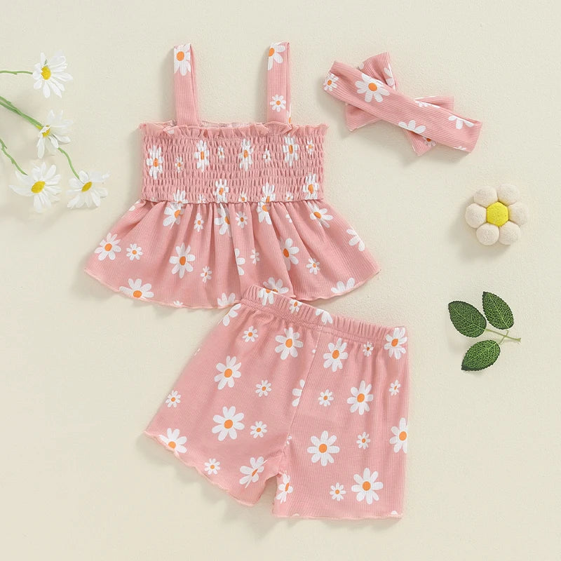 Baby Toddler Girls 3Pcs Outfit Sleeveless Daisy Flower Print Baby Doll Tank Top Shorts Headband Set