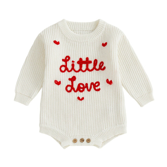 Baby Girls Little Love Knit Rompers Valentine's Day  Comfortable Long Sleeve Round Neck Letter Heart Embroidery Jumpsuit