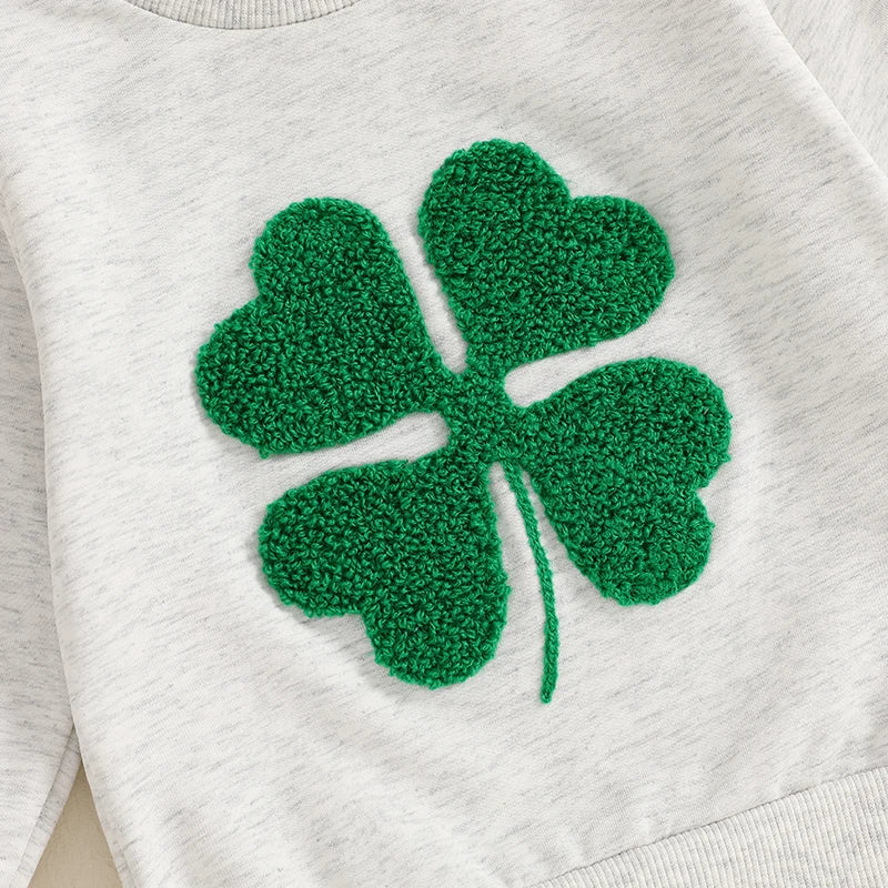 Baby Toddler Girl Boy St. Patrick's Day Casual Four Leaf Clover Shamrock Embroidery Long Sleeve Crewneck Top