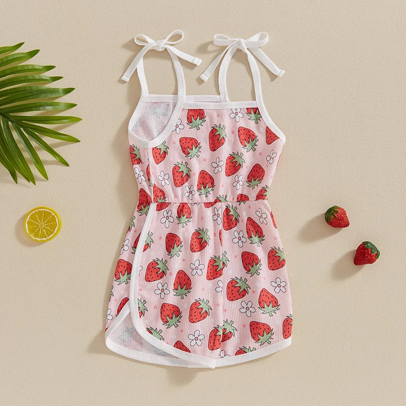 Baby Toddler Kids Girls Jumpsuit Sleeveless Tie Strap Tank Top Strawberry Print Romper Shorts Infant Playsuit