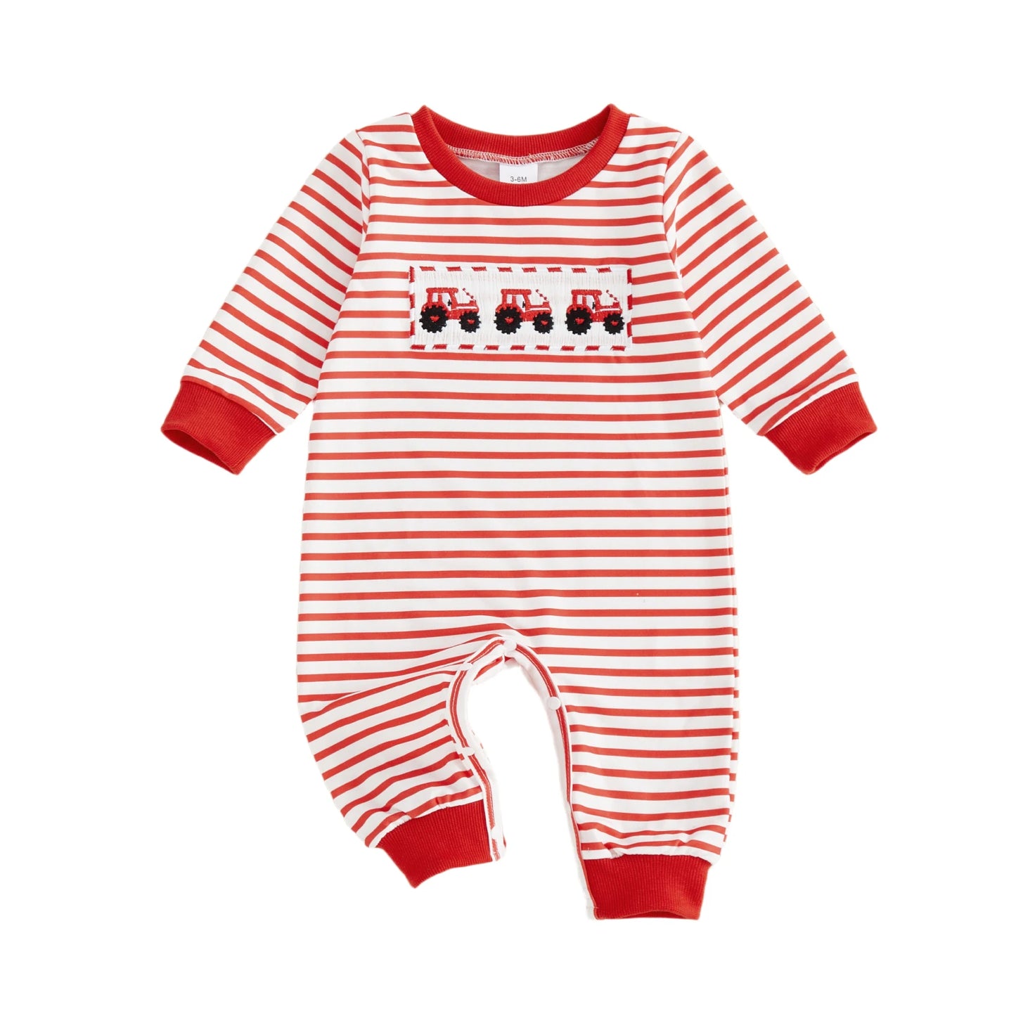 Baby Boys Striped Jumpsuit Long Sleeve Crewneck Heart Tarctor Embroidery Loose Fit Romper