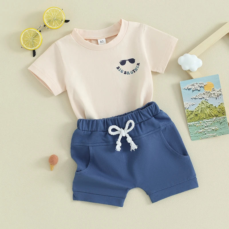 Baby Toddler Boys 2Pcs Big Brother Little Brother Matching Outfits Cool Lil Bro Big Bro Club Letters Print Sunglasses Short Sleeve Top Shorts Set