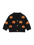 Baby Toddler Boys Girls Knit Cardigan Cute Halloween Pumpkin Embroidery Fall V Neck Long Sleeve Button Up Sweater Top
