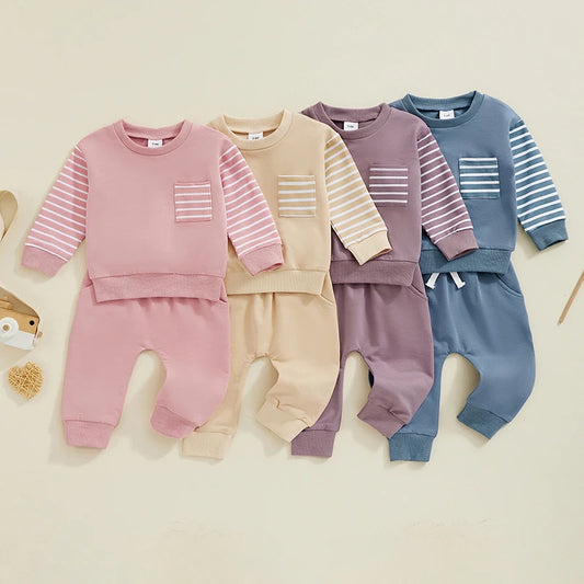 Baby Toddler Boys Girls 2Pcs Fall Outfit Striped Long Sleeve Top Elastic Waist Pants with Pockets Set