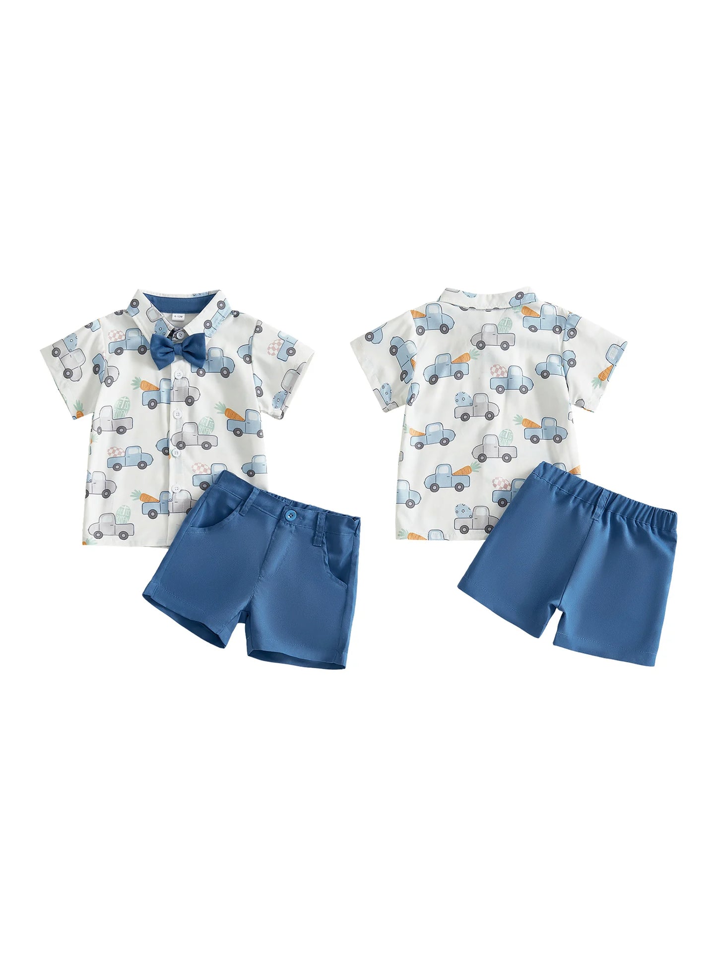 Baby Toddlers Boys 2Pcs Easter Outfit Short Sleeve Car Print Button-down Shirt with Elastic Waist Shorts Set
