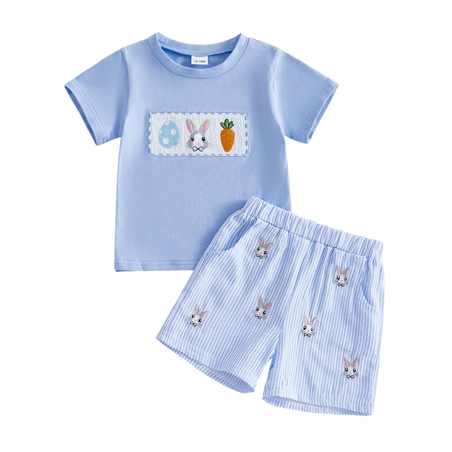 Baby Toddler Boys 2Pcs Easter Outfit Adorable Bunny Eggs Embroidery Short Sleeve Round Neck Top and Shorts Set