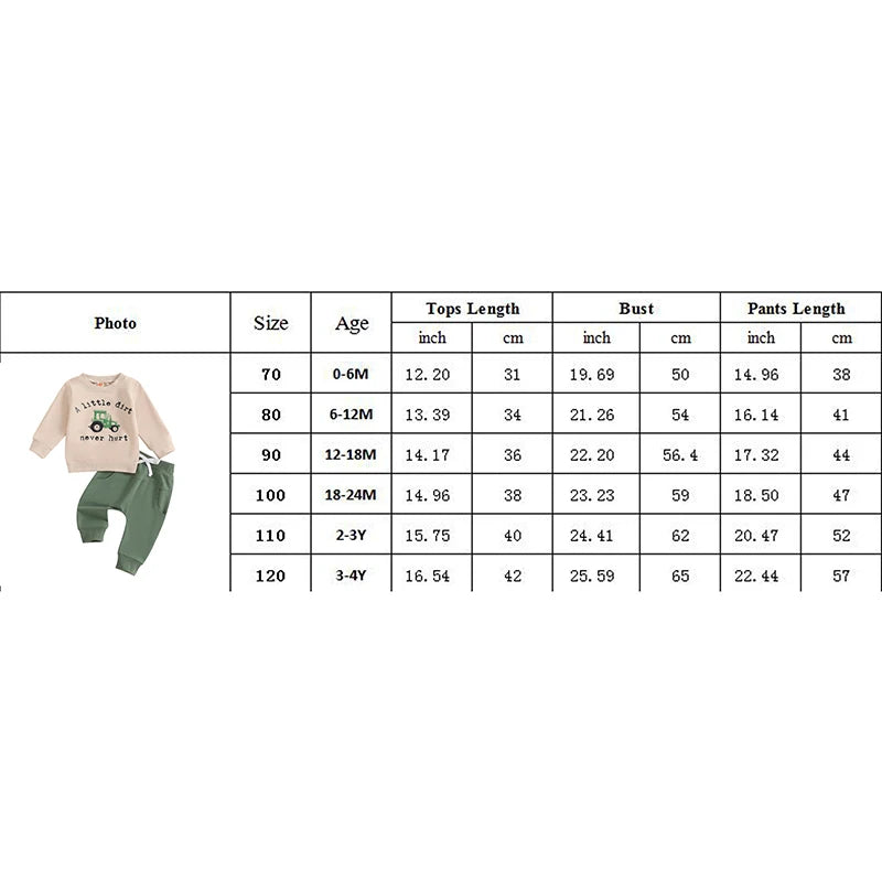 Baby Toddler Boys 2Pcs Fall A Litte Dirt Never Hurt Letter Tractor Print Long Sleeve Round Neck Top Drawstring Pocket Long Pants Outfit Set