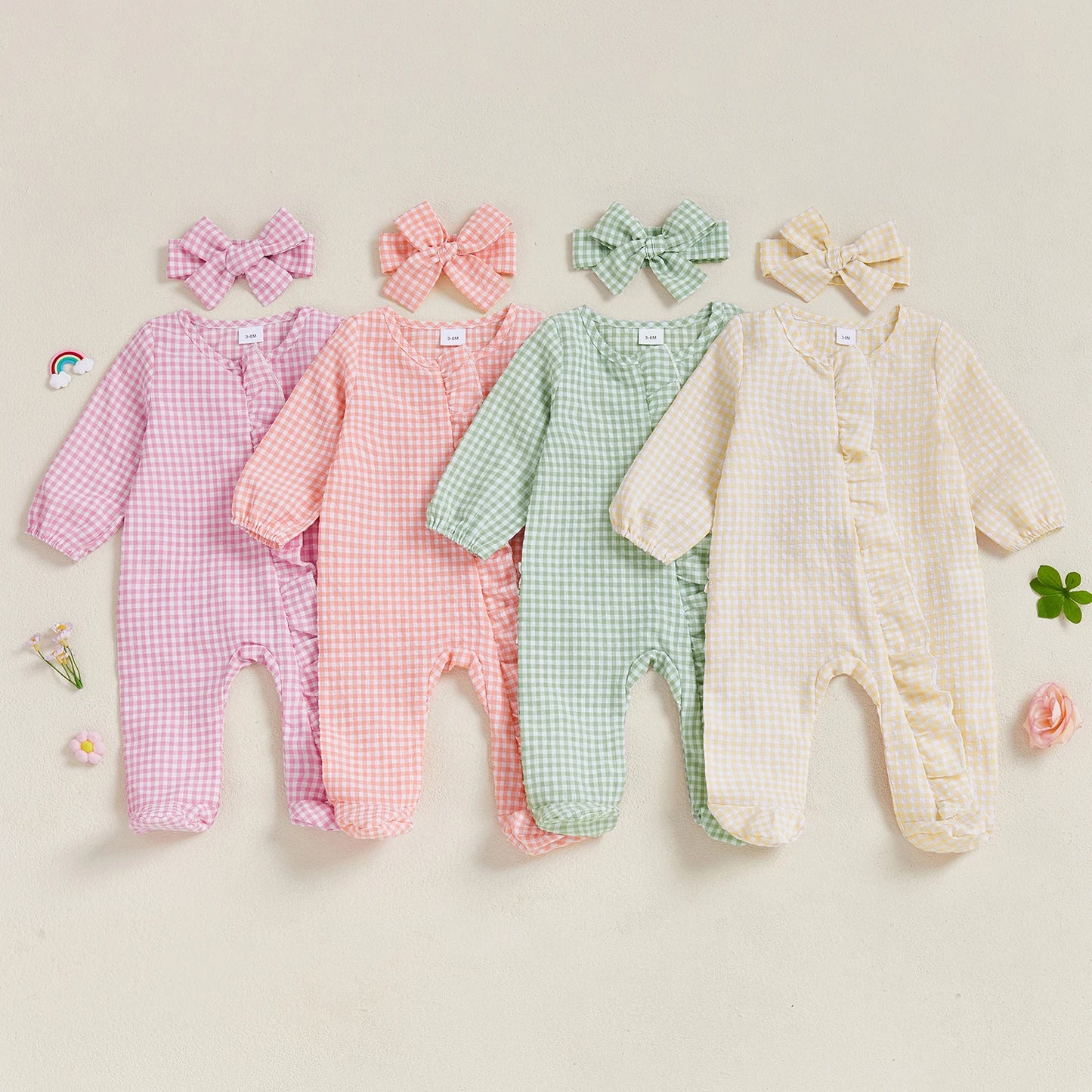 Baby Girl 2Pcs Fall Footies and Headband Set Plaid Ruffled Trim Zip Front Long Sleeve Zipper Romper