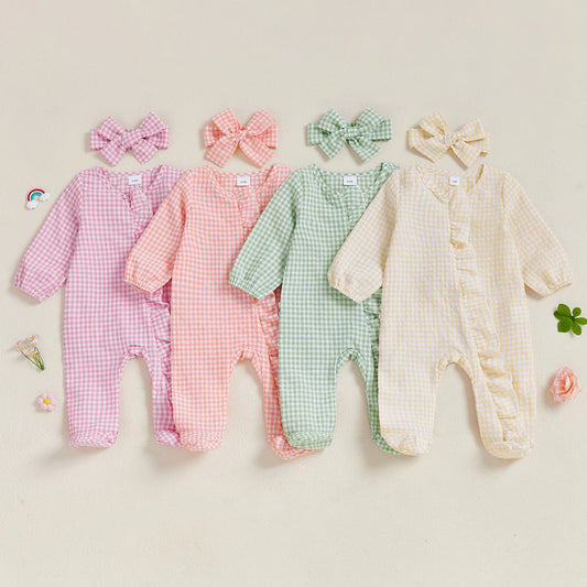 Baby Girl 2Pcs Fall Footies and Headband Set Plaid Ruffled Trim Zip Front Long Sleeve Zipper Romper