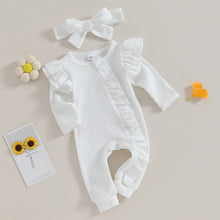 Load image into Gallery viewer, Baby Girl 2Pcs Clothes Ruffle Zipper Romper Long Sleeve Jumpsuit with Bow Headband
