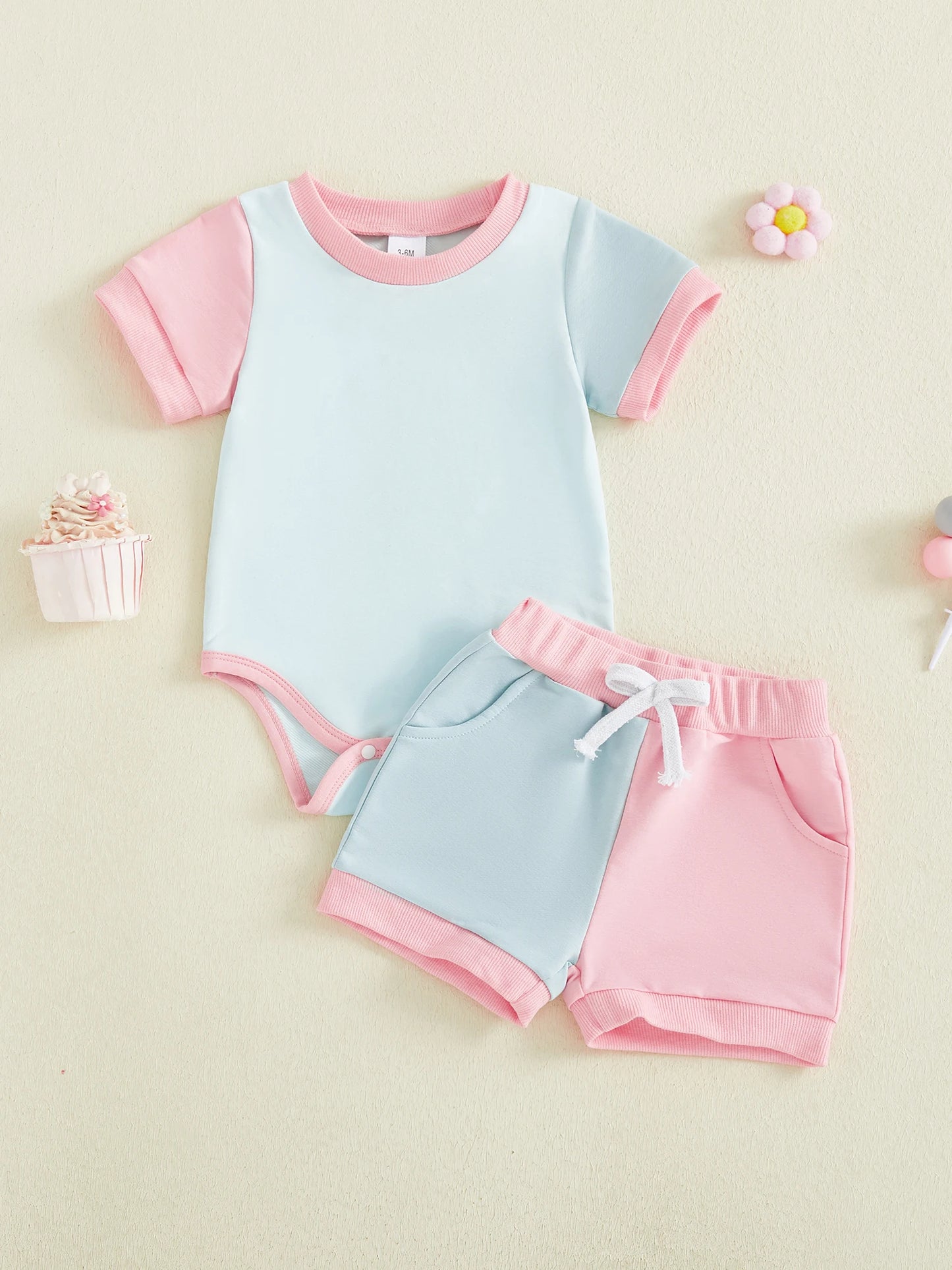Baby Boys 2Pcs Summer Shorts Sets Short Sleeve O Neck Contrast Color Romper and Drawstring Shorts Set