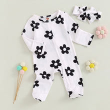 Load image into Gallery viewer, Baby Girl 2Pcs Fall Romper Outfits Long Sleeve Floral Print Zip Up Jumpsuit Headband Boy Set
