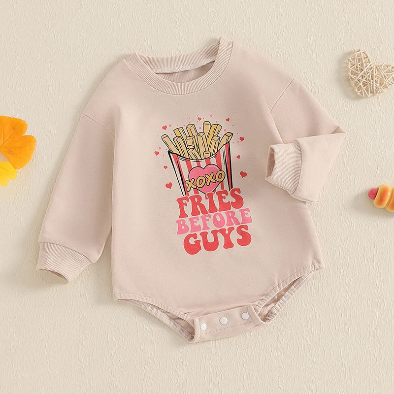 Baby Girls Fries Before Guys Valentine’s Day Romper Long Sleeve Round Neck French Fries Print Jumpsuit Valentines