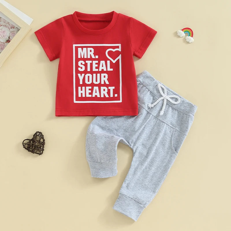 Baby Toddler Boy 2Pcs Valentine's Day Outfit Mr. Steal Your Heart Letter & Heart Print Short Sleeve Top with Solid Color Long Pants Set