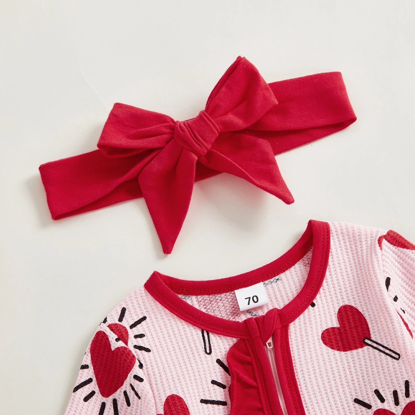 Baby Girl 2Pcs Valentines Day Zipper Romper Heart Candy Pattern Long Sleeve Zip Up Round Neck Footed Jumpsuit with Bow Headband Set